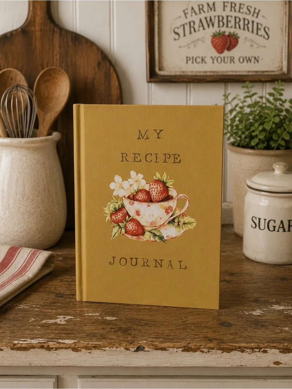 Hand painted-My Recipe Journal - Mustard Yellow Strawberry Cover